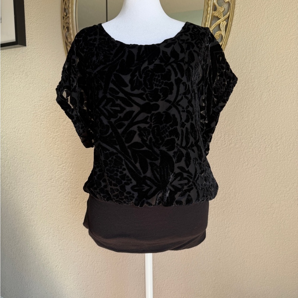Joseph Black Velvet Burnout Floral Short Sleeve Blouse